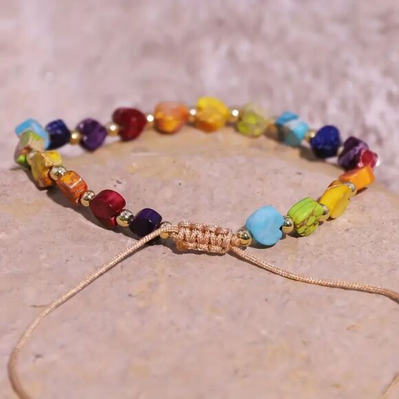 Multi Color Jasper Natural Heart Stone Beaded Bracelet Anklet Braided Adjustable - Picture 3 of 7